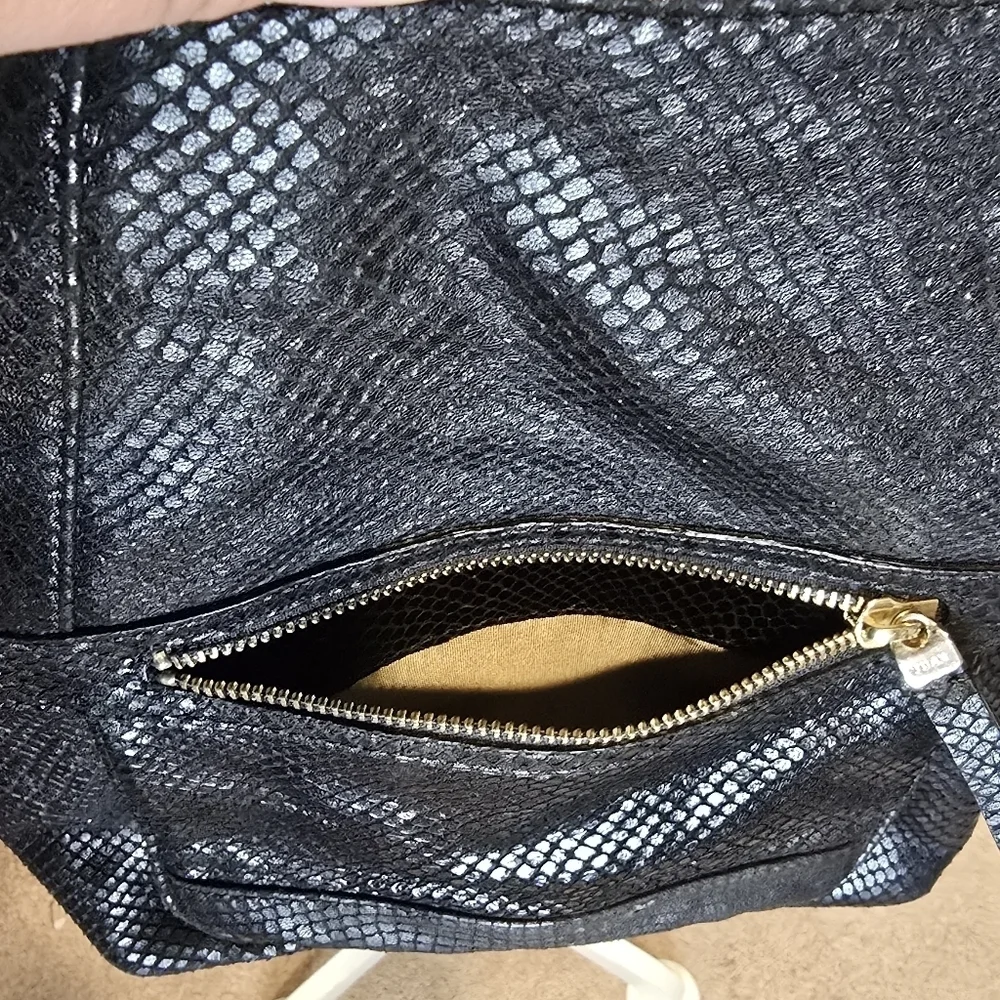 TUSK Small Gotham Snake Skin Leather Black Adj Strap Top Security Snap Backpack.